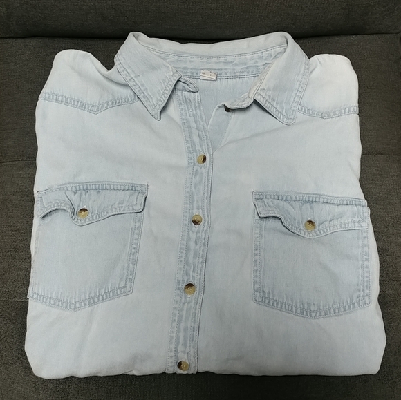 Distressed Jean Long Sleeve Shirt Women's Large Denim Worn w/Holes 100% Cotton - Picture 3 of 16